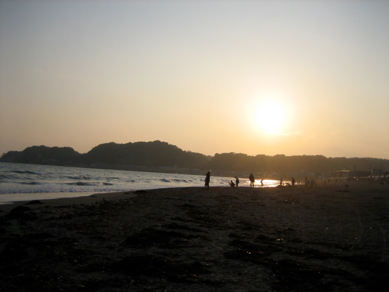 Yuigahama Beach at sunset in Kamakura
