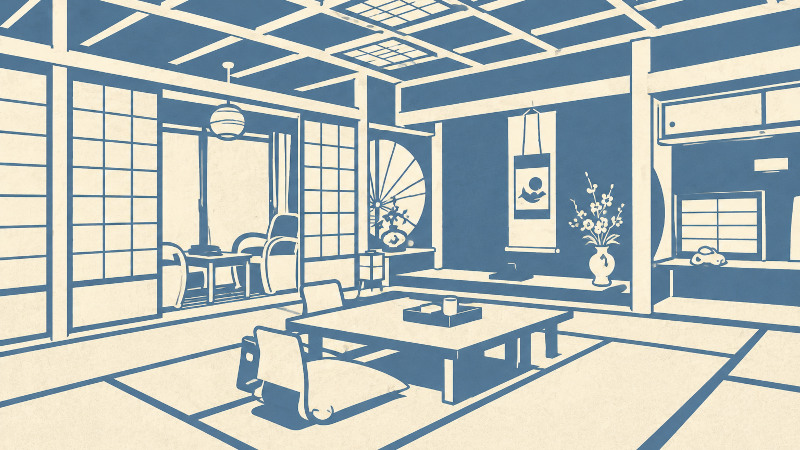 Illustration of a traditional Japanese ryokan