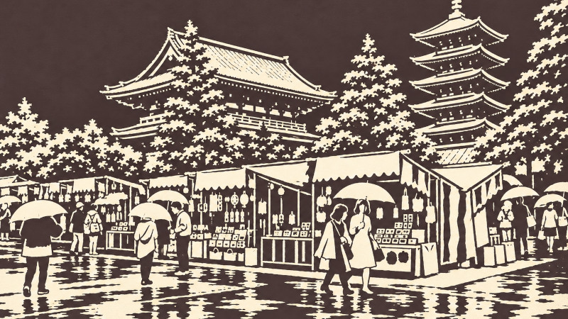 Illustration of a flea market in Kyoto