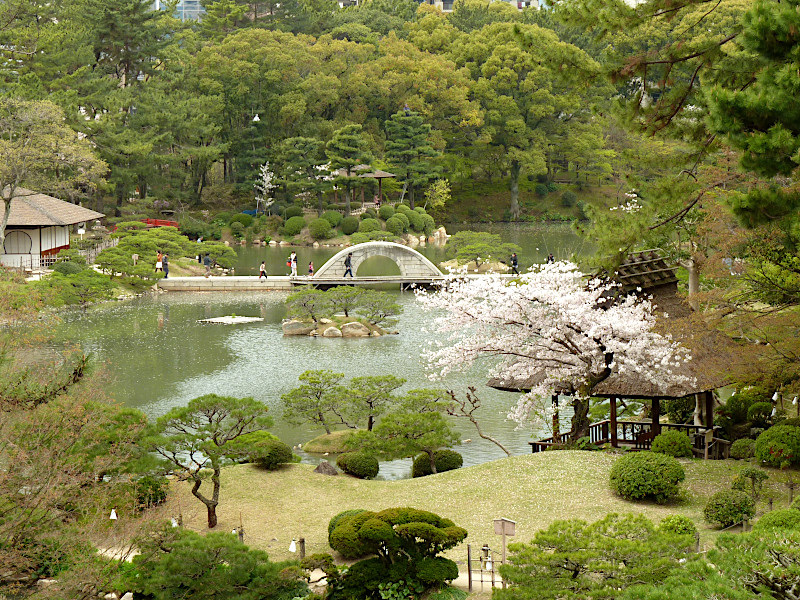 Shukkeien Garden with Takuei Pond and Kokokyo Bridge in Hiroshima