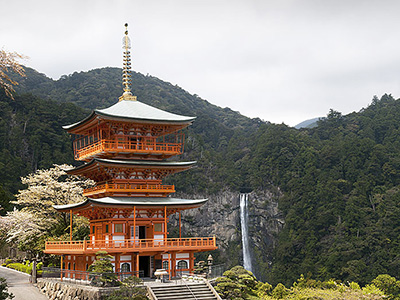 Pagoda Of Seiganto-ji Temple With Nachi Falls