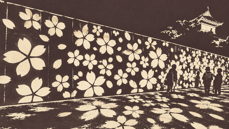 Illustration of cherry blossom illumination at Nijo Castle in Kyoto