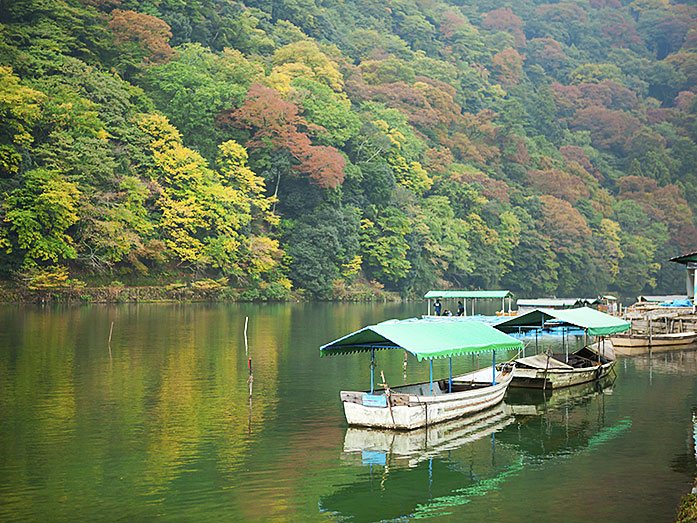 Boats on Katsura River in Arashiyama Kyoto